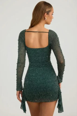 Tivoli verziertes Minikleid mit drapiertem Wasserfallausschnitt in Smaragdgrün