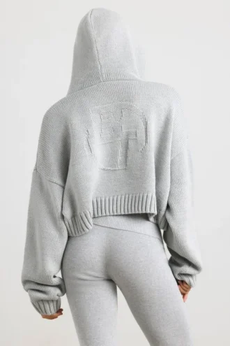 TRUE Kurzer Hoodie mit Reißverschluss aus grobem Strick in Grau meliert