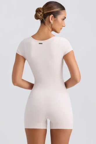 Unitard mit Rundhalsausschnitt in gewaschenem Creme