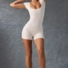 Unitard mit Rundhalsausschnitt in gewaschenem Creme