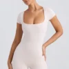 Unitard mit Rundhalsausschnitt in gewaschenem Creme