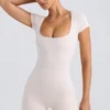 Unitard mit Rundhalsausschnitt in gewaschenem Creme