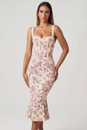 Valentina Layered Bra-Detail Fishtail Midaxi-Kleid mit Primrose-Blumenprint