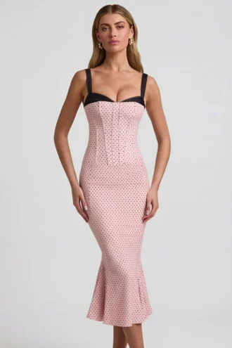Valentina Midaxi-Kleid mit Lagen- und BH-Details in Rosa mit Polka-Dots