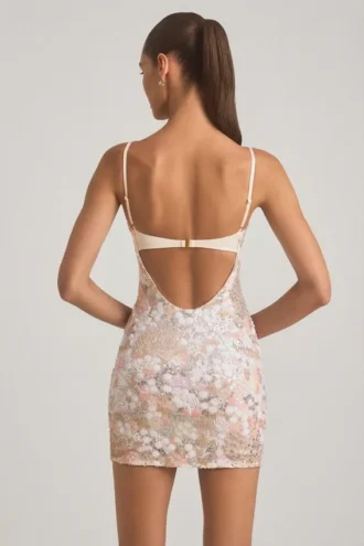 Velena verziertes, figurbetontes Minikleid mit Träger in Elfenbein