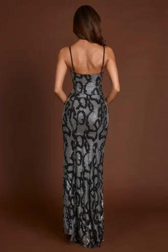 Velia-Kleid mit Peekaboo-Ausschnitt und Cowl-Kragen in Silber-Schlangenmuster