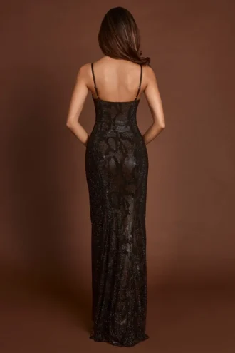Velia – Verziertes Peekaboo-Kleid mit Wasserfallausschnitt in braunem Schlangenmuster