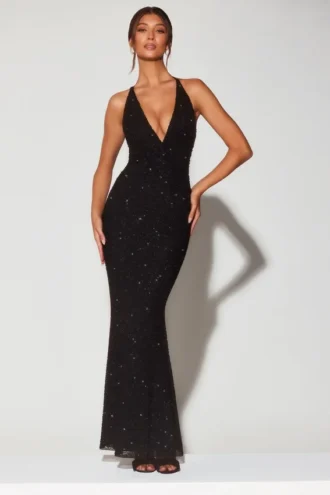 Verona – Verziertes Abendkleid mit tiefem Neckholder-Ausschnitt in Schwarz