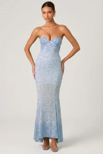 Vesna Verziertes Fishtail-Kleid mit Herzausschnitt in Himmelblau