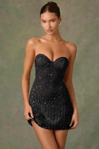 Viela verziertes Minikleid mit Herzausschnitt und A-Linie in Schwarz
