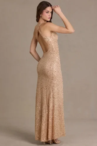 Violette Asymmetrisches One-Shoulder-Maxikleid mit Verzierungen in Beige-Gold