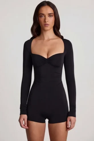 Vionne Soft Jersey Sweetheart Langarm-Mini-Playsuit in Schwarz