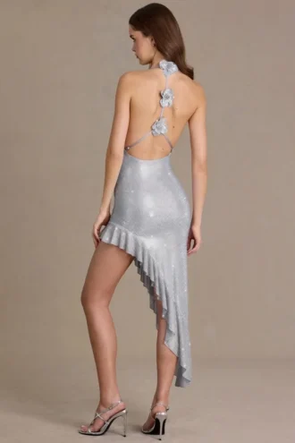 Vivienne Premium Asymmetrisches Maxikleid mit tiefem Ausschnitt und Verzierungen in Silber