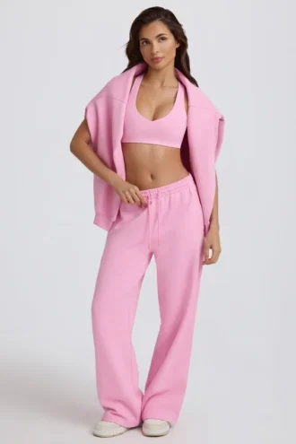 Weiche Jogginghose aus Baumwolljersey mit mittlerer Leibhöhe und weitem Bein in Babyrosa