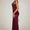 Wintra Transparentes Spitzenkleid mit quadratischem Ausschnitt und Rüschen in Weinrot Wintra Transparentes Spitzenkleid mit quadratischem Ausschnitt und Rüschen in Weinrot