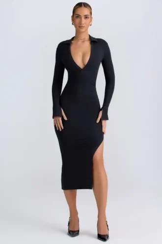 Yael Modal-Plunge-V-Ausschnitt-Midaxi-Kleid in Schwarz