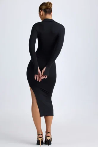 Yael Modal-Plunge-V-Ausschnitt-Midaxi-Kleid in Schwarz