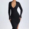 Yael Modal-Plunge-V-Ausschnitt-Midaxi-Kleid in Schwarz