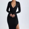 Yael Modal-Plunge-V-Ausschnitt-Midaxi-Kleid in Schwarz