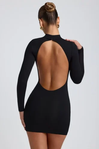 Yara Modal-Minikleid mit offenem Rücken und langen Ärmeln in Schwarz