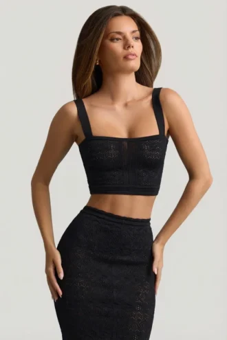 Yolanda Pointelle-Strick-Crop-Oberteil in Schwarz