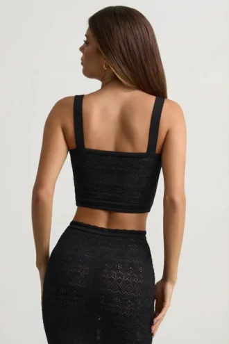 Yolanda Pointelle-Strick-Crop-Oberteil in Schwarz