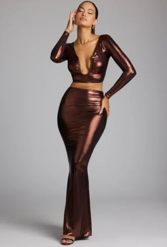 Zahra Mid Rise Metallic Jersey Rock in Kupferbronze