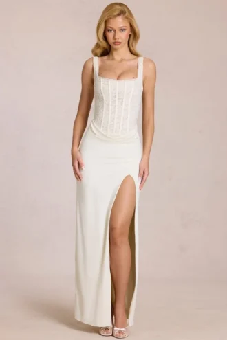 Zalia Spitzen-Korsett-Maxikleid in Elfenbein