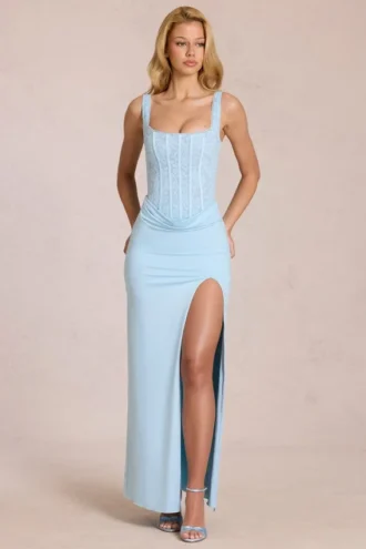 Zalia Spitzenkorsett-Maxikleid in Puderblau