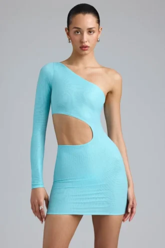 Zanab Metallic-Minikleid mit Cut-outs und einer Schulter in Eisblau
