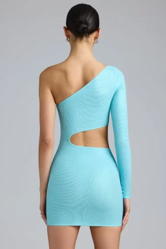 Zanab Metallic-Minikleid mit Cut-outs und einer Schulter in Eisblau