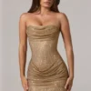 Zara Minikleid mit Bandeau-Ausschnitt und geraffter Taille in Gold
