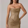 Zara Minikleid mit Bandeau-Ausschnitt und geraffter Taille in Gold