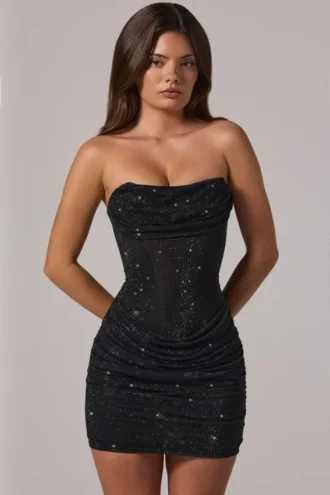 Zara verziertes Bandeau-Minikleid mit Cowl-Taille in Schwarz