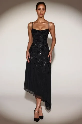Zelina Verziertes Midaxi-Kleid mit weichem U-Ausschnitt und asymmetrischem Schnitt in Schwarz