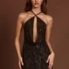 Zelinda verziertes A-Linien-Minikleid mit Neckholder und Wasserfallausschnitt in braunem Schlangenmuster Zelinda verziertes A-Linien-Minikleid mit Neckholder und Wasserfallausschnitt in braunem Schlangenmuster