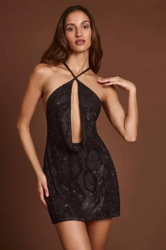 Zelinda verziertes Neckholder-Minikleid mit Wasserfallausschnitt in Schwarz