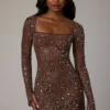 Zeta Sheer verziertes A-Linien-Minikleid mit langen Ärmeln in Deep Cocoa Zeta Sheer verziertes A-Linien-Minikleid mit langen Ärmeln in Deep Cocoa