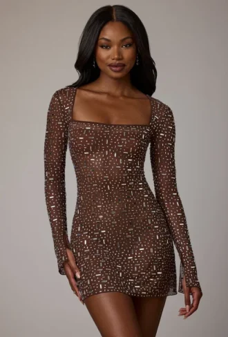 Zeta Sheer verziertes A-Linien-Minikleid mit langen Ärmeln in Deep Cocoa