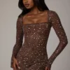 Zeta Sheer verziertes A-Linien-Minikleid mit langen Ärmeln in Deep Cocoa Zeta Sheer verziertes A-Linien-Minikleid mit langen Ärmeln in Deep Cocoa