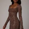 Zeta Sheer verziertes A-Linien-Minikleid mit langen Ärmeln in Deep Cocoa Zeta Sheer verziertes A-Linien-Minikleid mit langen Ärmeln in Deep Cocoa
