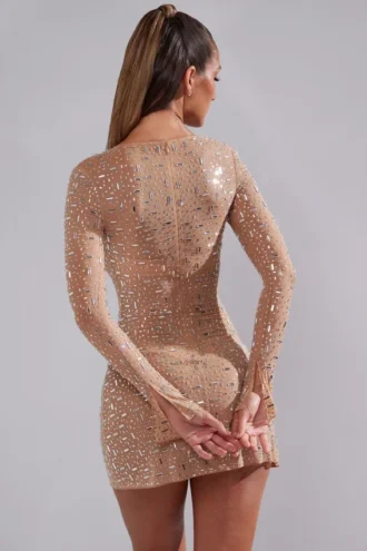 Zeta – Transparentes, verziertes A-Linien-Minikleid mit langen Ärmeln in Mandel
