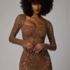 Zeta Transparentes, verziertes A-Linien-Minikleid mit langen Ärmeln in Mocha Zeta Transparentes, verziertes A-Linien-Minikleid mit langen Ärmeln in Mocha