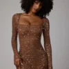 Zeta Transparentes, verziertes A-Linien-Minikleid mit langen Ärmeln in Mocha Zeta Transparentes, verziertes A-Linien-Minikleid mit langen Ärmeln in Mocha