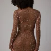 Zeta Transparentes, verziertes A-Linien-Minikleid mit langen Ärmeln in Mocha Zeta Transparentes, verziertes A-Linien-Minikleid mit langen Ärmeln in Mocha