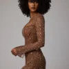 Zeta Transparentes, verziertes A-Linien-Minikleid mit langen Ärmeln in Mocha Zeta Transparentes, verziertes A-Linien-Minikleid mit langen Ärmeln in Mocha