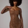 Zeta Transparentes, verziertes A-Linien-Minikleid mit langen Ärmeln in Mocha Zeta Transparentes, verziertes A-Linien-Minikleid mit langen Ärmeln in Mocha