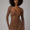 Zeta Transparentes, verziertes A-Linien-Minikleid mit langen Ärmeln in Mocha Zeta Transparentes, verziertes A-Linien-Minikleid mit langen Ärmeln in Mocha