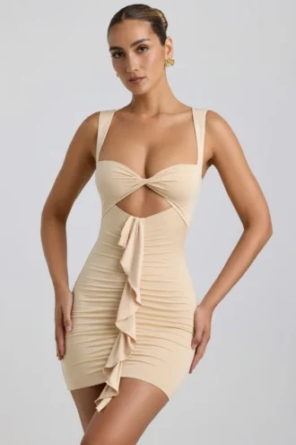 Zivanka Slinky Jersey Cut-Out Rüschen-Minikleid in Buttercream