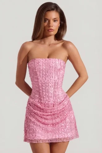 Ziya Verziertes, drapiertes, trägerloses A-Linien-Minikleid in Pink